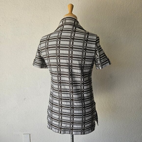 Vintage 70s Brown Gray Plaid Double Knit Polyester Tunic Top Shirt Pockets S/M - Picture 6 of 7